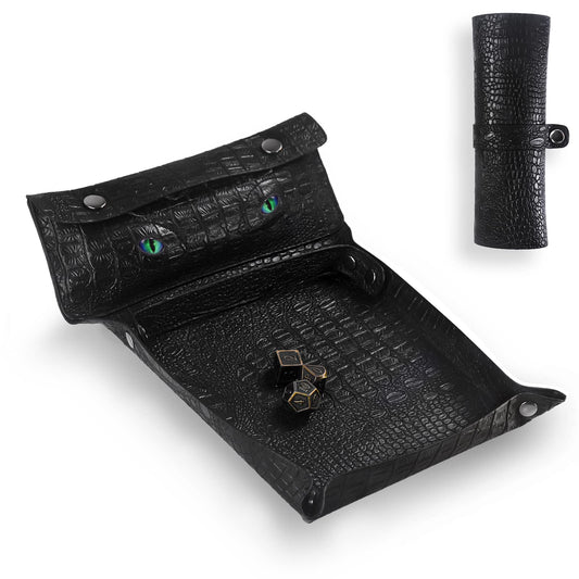 DND Dice Tray & Dice Bag 2 in1, Black PU Leather Dice Tray for Board Game, Dice Rolling Tray Contains a Dice Bag to Storage Coins and Dice, Glow in The Dark Green Eye DND Accessories, Retro Game Props
