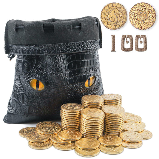 100 Metal Gloden Coins with Leather Bag, Fantasy DND Coins for Board Game Accessories, Actual Weight Gloen Game Token, DND Gift for DM, Treasure Hunt Coins, Medieval Cosplay Accessories
