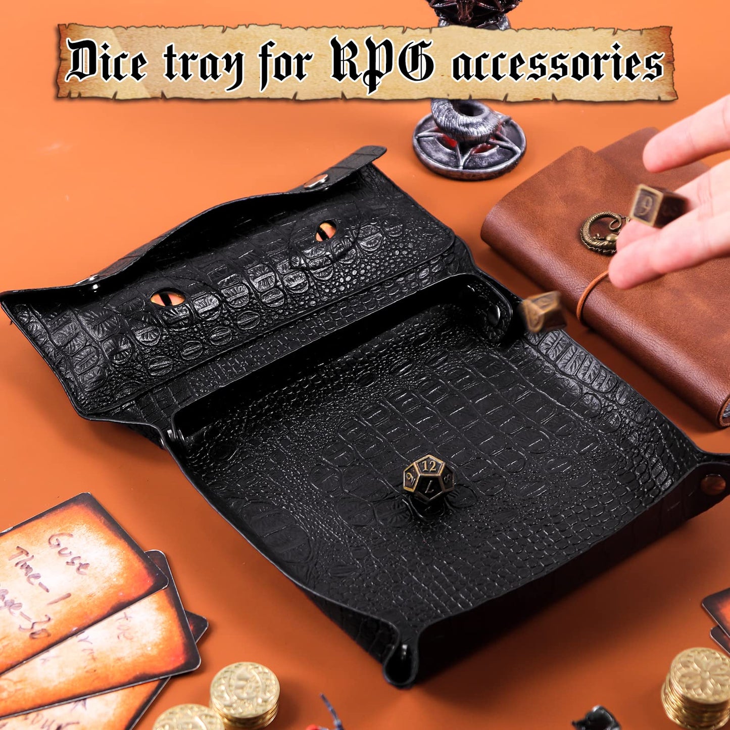 DND Dice Tray with Florescent Yellow Eyes Dice Storage Bag, Handmade Pu Leather for Dice Tray, Table Game Dice Tray with Button Adjustment Strap, Dice Tray for Board Game Accessories