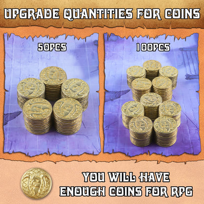 100 Metal Fantasy Coins with PU Fake Leather Pouch, Gold DND Coins for Board Game, Golden Game Tokens Store in The Coins Bag, DND Accessories for from New to Master, Retro Board Game Gifts for DM