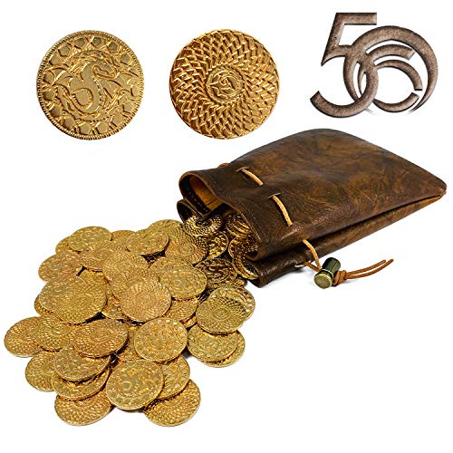 50 DND Fantasy Metal Gold Coins & Leather Pouch for Dungeons & Dragons Novelty Tabletop RPG Board Games Tokens Treasure Coins for Party Tablelap Games Accessories Addons Medieval Game Retro Props…