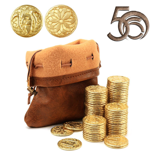 50 PCS Gold Coins & PU Leather Bag, DND Metal Coins, Fantasy Coins Treasure for Board Games, Fake Coins As Game Tokens for Dungeons & Dragons, Tabletop TTRPG Games Medieval Retro Accessories Addons