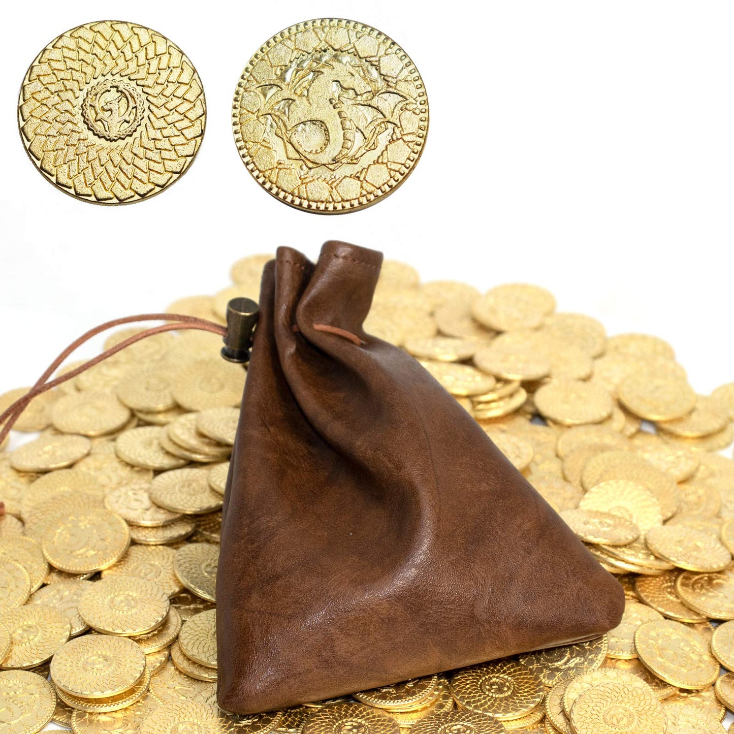 50 DND Coins Fantasy Coins & Leather Bag Metal Tokens Game Coins for Board Games Table RPG Board Game Accessories Golden Suit for Dungeons & Dragons Medieval Game Retro DND Props