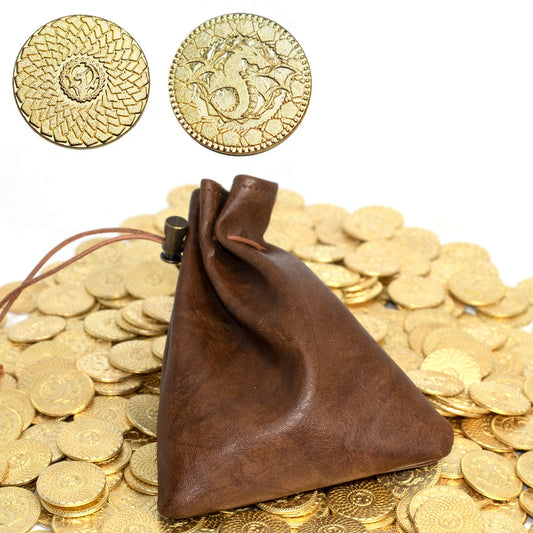 50 DND Coins Fantasy Coins & Leather Bag Metal Tokens Game Coins for Board Games Table RPG Board Game Accessories Golden Suit for Dungeons & Dragons Medieval Game Retro DND Props