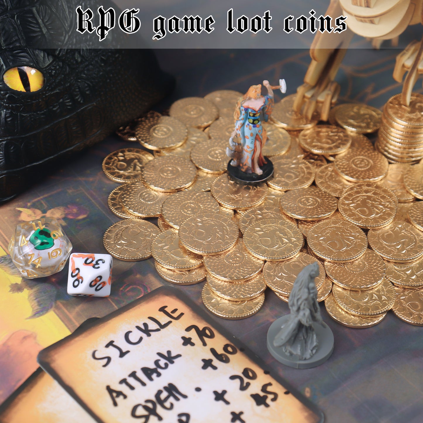 50 PCS Metal DND Coins with PU Leather Bag, Fantasy Gold Coins for Board Games, Game Tokens for Tabletop RPG Games, Black Dragon Bag D and D Coins Collection, Mid-Century Retro Gaming Accessories