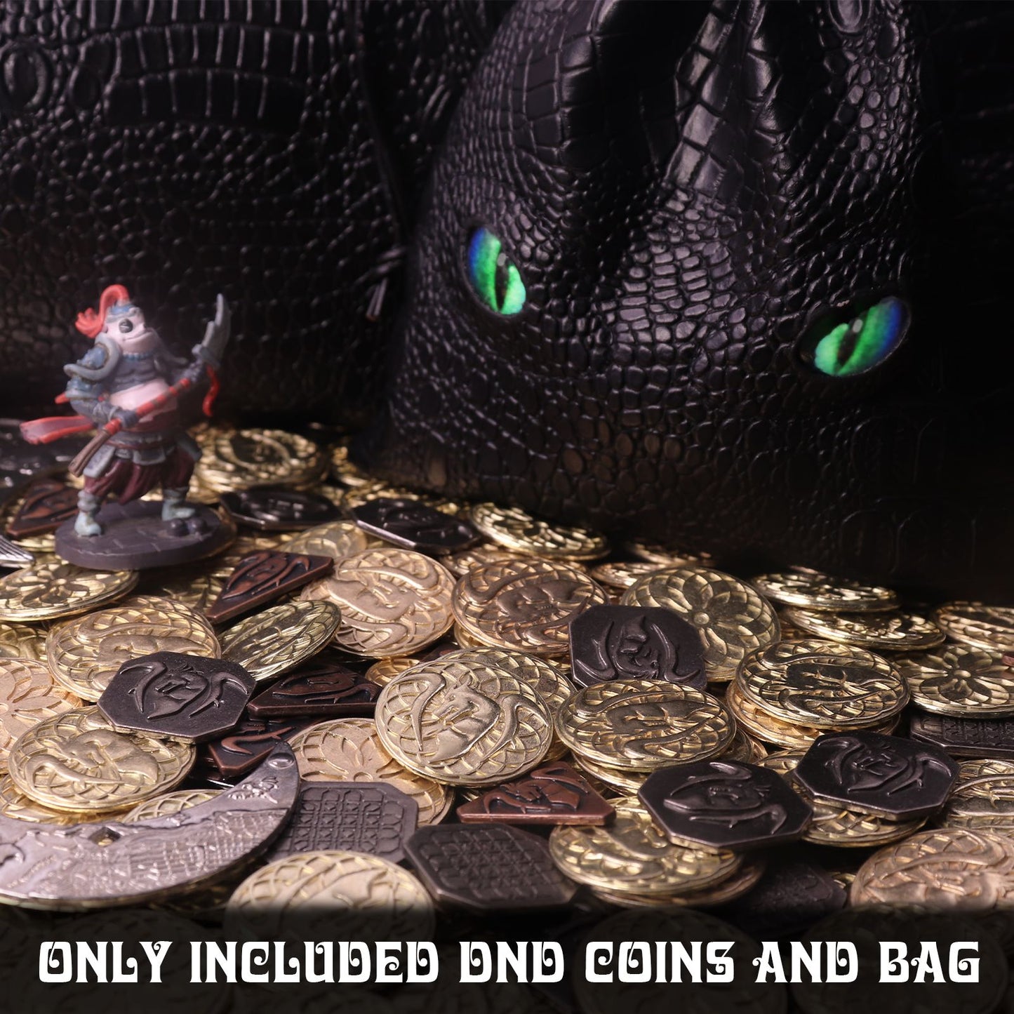 145PCS Metal DND Coins & Leather Bag, Contains 60 Gold Coins, 40 Sliver Coins, 40 Copper Coins and 5 Platinum Coins, Game Tokens with Glow in The Night Eyes Leather Bag for RPG Tablelap Games