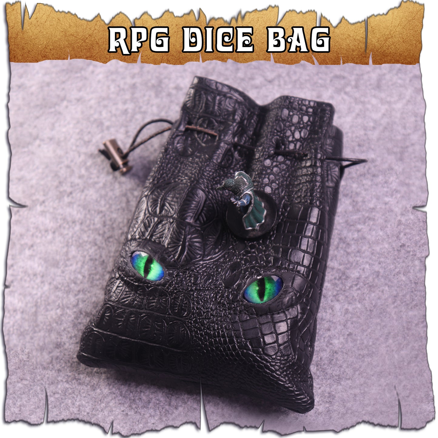 Large DND Dice Bag, Black DND Dice Bag can Hold 6 DND Dice Sets, Fire Dragon Leather Coin Bag, Glows Green Light in Eyes, Suitable for DND Board Games, Fantasy RPG Game Accessories, Dice Not Included