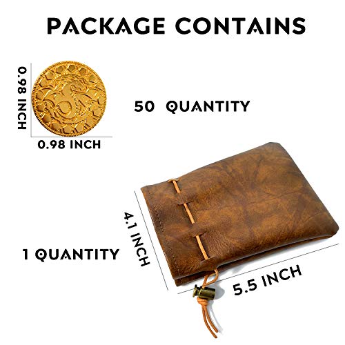 50 DND Fantasy Metal Gold Coins & Leather Pouch for Dungeons & Dragons Novelty Tabletop RPG Board Games Tokens Treasure Coins for Party Tablelap Games Accessories Addons Medieval Game Retro Props…
