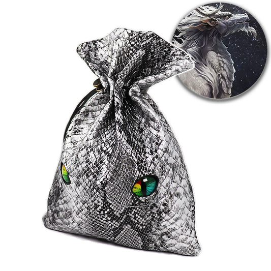 Byhoo DND Dice Bag with Fantasy Dragon Eyes (Holds 6 Sets), Byhoo PU Leather D and D Dice Storage Accessory - Large Dice Coins Pouch of Silver Dragon Skin, Drawstring Metal Clasp Pocket for RPG Board Game