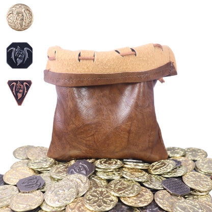 70PCS Metal DND Coins & Leather Bag, Contains 30 Gold Coins, 20 Sliver Coins and 20 Copper Coins, Fantasy Coins for Board Game, Game Token with Retro Leather Pouch, Medieval Game Retro Props