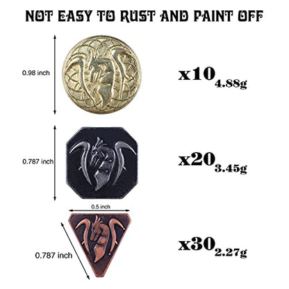 60PCS DND Coins with Leather Pouch, Gold, Silver and Copper Coins in Metal Coins, Fantasy Coins for Board Games, Fake Coins for Games Tokens, Role-Playing Coins of Dungeons and Dragons