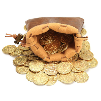50 PCS Gold Coins & PU Leather Bag, DND Metal Coins, Fantasy Coins Treasure for Board Games, Fake Coins As Game Tokens for Dungeons & Dragons, Tabletop TTRPG Games Medieval Retro Accessories Addons