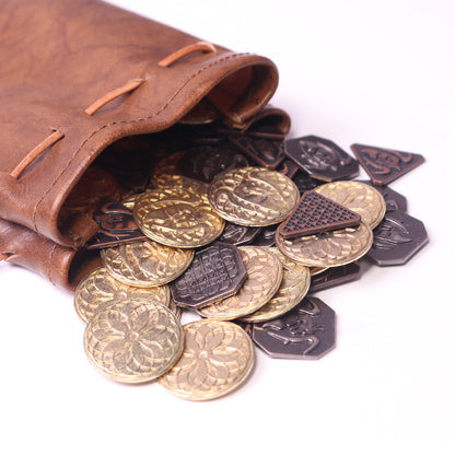 70PCS Metal DND Coins & Leather Bag, Contains 30 Gold Coins, 20 Sliver Coins and 20 Copper Coins, Fantasy Coins for Board Game, Game Token with Retro Leather Pouch, Medieval Game Retro Props
