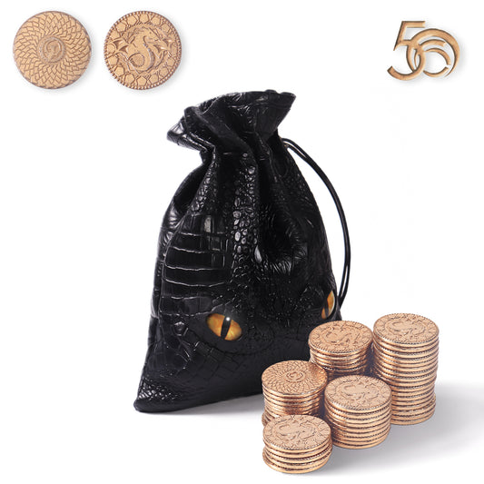 50 PCS Metal DND Coins with PU Leather Bag, Fantasy Gold Coins for Board Games, Game Tokens for Tabletop RPG Games, Black Dragon Bag D and D Coins Collection, Mid-Century Retro Gaming Accessories