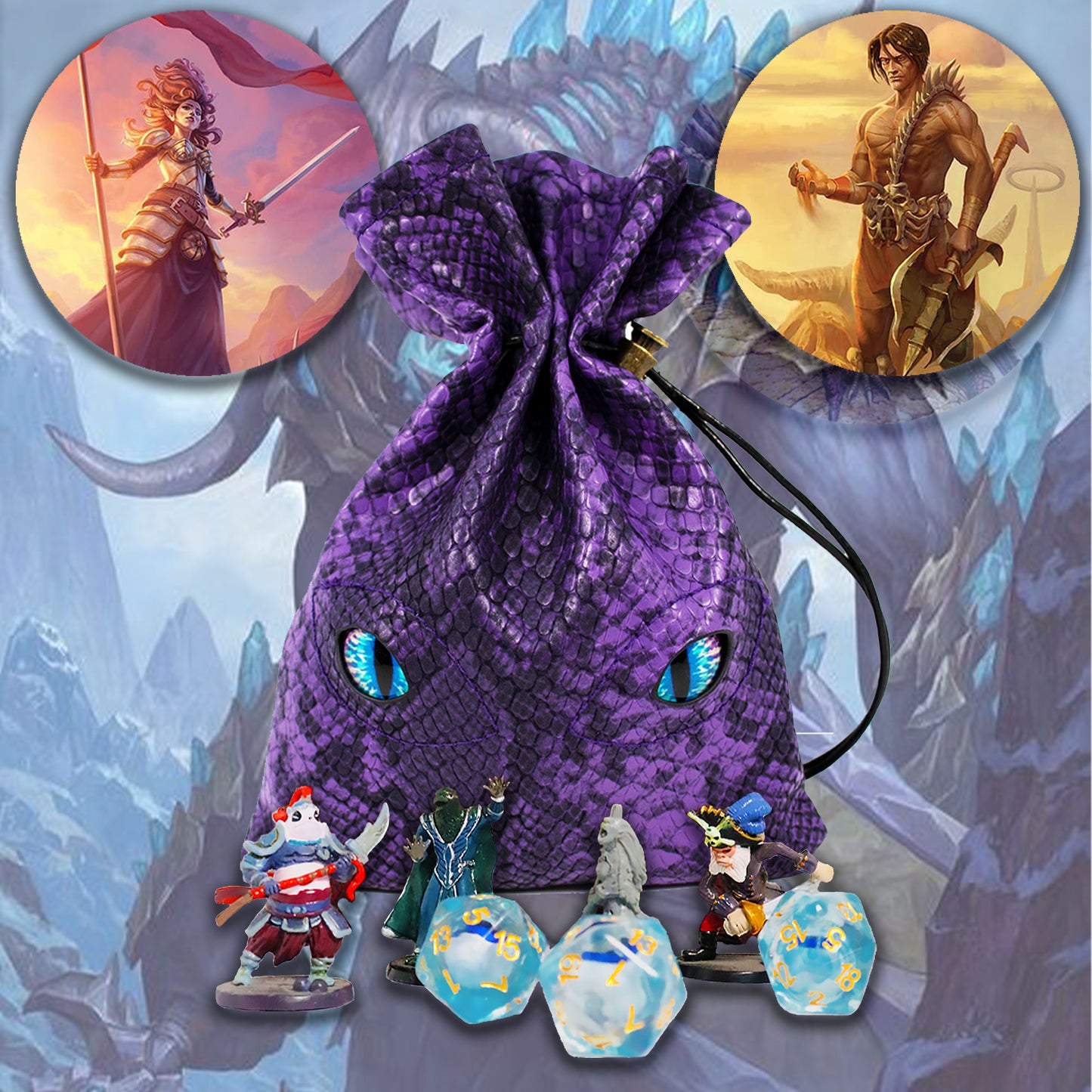Byhoo DND Dice Bag Can Cover 6 Dice Sets, Glow in The Dark Eyes D and D Dice Storage Pouch, Purple Dragon Leather Coins Bag for Fantasy Dragons and Dungeons Games Accessories, Drawstring Dice Pouch