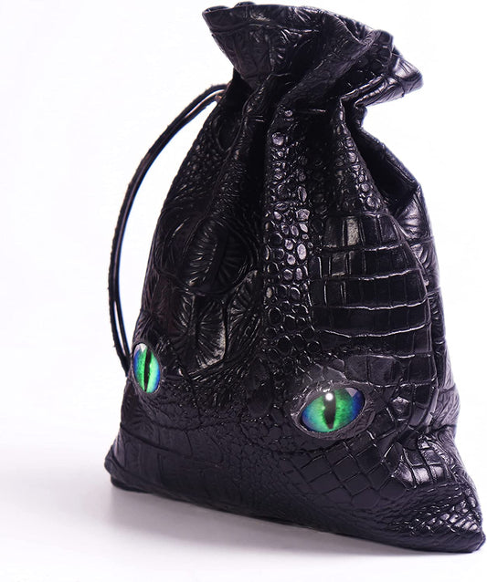 Large DND Dice Bag, Black DND Dice Bag can Hold 6 DND Dice Sets, Fire Dragon Leather Coin Bag, Glows Green Light in Eyes, Suitable for DND Board Games, Fantasy RPG Game Accessories, Dice Not Included