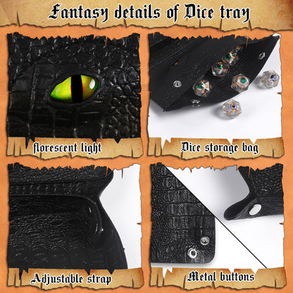 DND Dice Tray & Dice Bag 2 in1, Black PU Leather Dice Tray for Board Game, Dice Rolling Tray Contains a Dice Bag to Storge Coins and Dice, Glow in The Dark Green Eye DND Accessories, Retro Game Props
