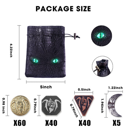 145PCS Metal DND Coins & Leather Bag, Contains 60 Gold Coins, 40 Sliver Coins, 40 Copper Coins and 5 Platinum Coins, Game Tokens with Glow in The Night Eyes Leather Bag for RPG Tablelap Games